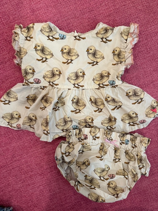 Pink Chicken Other - Pink Chicken Baby Chick Print Ruffled Two-Piece Set - Cream